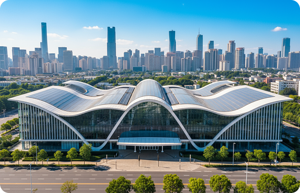Mobility that Moves the World Forward Modern smart mobility research and innovation center with wave-inspired architecture in an urban skyline, symbolizing intelligent transportation infrastructure and sustainable city development.
